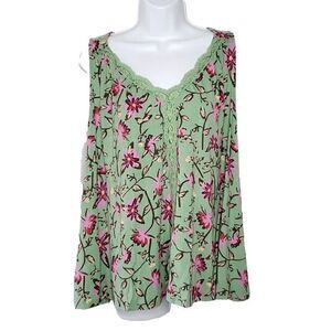 Floral Sleeveless Tank Top M Green Pink Lace V Neck T Shirt Knit Matilda Jane